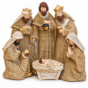 Presépio de Natal em Resina 30x15x27cm Dourado com Sagrada Família e Reis Magos Decoração Natalina
