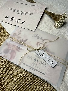convite de casamento + envelope + cordão + tags nominais