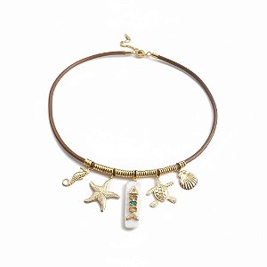 Colar Corda Náutica Marrom e Charms Marinhos