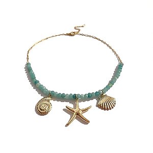 Choker Miçangas Verde Água e Charms Oceânicos