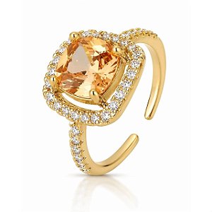 Anel Regulável Cushion Champagne e Cravejado Ouro 18K