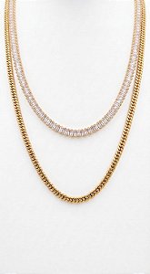Colar Duplo Rivieras Baguete e Malha Ouro 18K