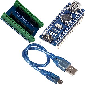 Arduino Nano V3.0 + Cabo USB e Shield Expansor com Borne de Conexão
