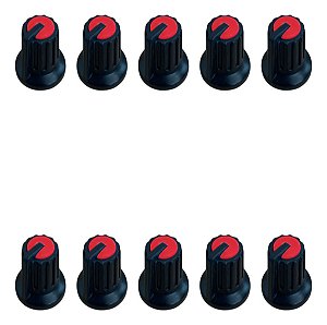 Kit 10 Knob Ka481 Para Potenciômetro Rotativo Eixo Estriado 6mm Preto Vermelho