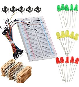 Kit Protoboard 400 Pontos + 100 Resistores 15 Leds 5 Botôes 65 Jumpers Arduino Raspberry Pi