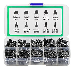 Kit 200 Botões Táctil Push Button 6x6mm 10 Interruptores Tamanhos Variados Preto