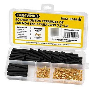 50 Terminal Luva Emenda Tipo U Fio De 0,3-1,5mm + 50 Termo Retrátil uso Residencial e Automotivo Elétrica