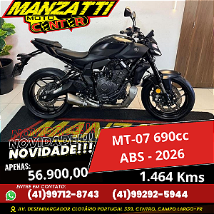 Moto Yamaha MT-07 ABS 690cc Preta 2026 - Garantia de Fábrica