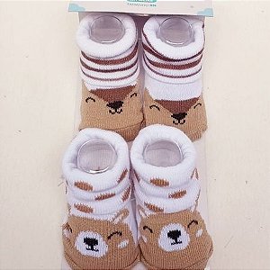 KIT MEIA COM 2 PARES RECÉM-NASCIDO PIMPOLHO URSO/RAPOSA