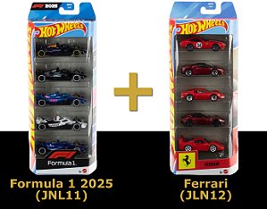 Combo: Pack 5 Ferrari (JLN12) e Pack 5 Formula 1 2025 (JNL11) | 5-Pack | Hot Wheels Multi-pack Standard