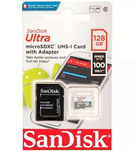 CARTÃO DE MEMÓRIA SANDISK 128 GB. MICRO SD CLASSE 10 100MB/S
