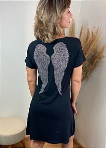 Vestido Em Malha Preto Asa de Anjo Prateada Pedraria HE