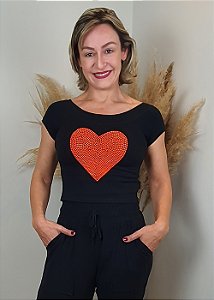 Cropped Feminino Preto Coração Laranja Pedraria