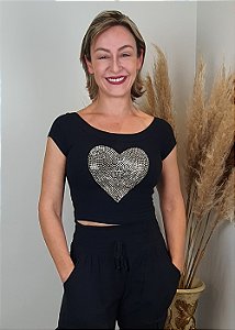 Cropped Feminino Preto Coração Dourado Pedraria