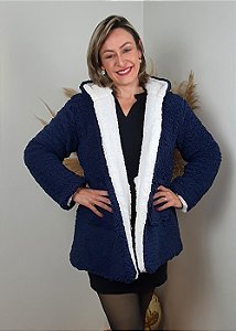 Casaco Teddy Dupla Face Alta Gramatura Azul Marinho e Branco