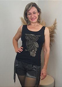 Regata Feminina Preta Coruja Dourada Pedraria
