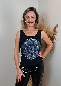 Regata Feminina Preta Mandala Olho Grego Azul Pedraria