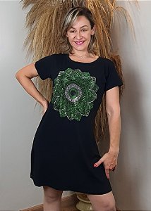 Vestido Em Malha Preto Mandala Olho Grego Verde Pedraria