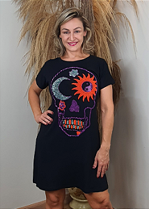 Vestido Em Malha Preto Caveira Colors Roxa Pedraria