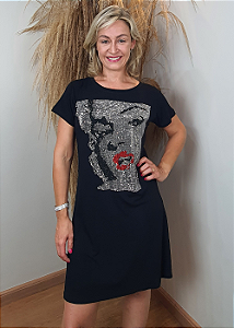 Vestido Em Malha Preto Marilyn Monroe Pedraria