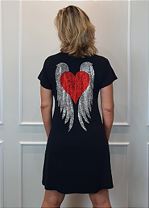 Vestido Em Malha Preto Asa Prata Coração Pedraria