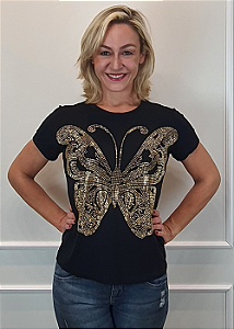 T-shirt Feminina Preta Baby Look Borboleta Dourada Grande Pedraria