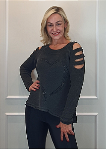Blusa Tricot Feminino Estonado Coração Cortorno Preto Pedraria