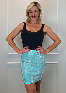 Saia Midi Star Feminina Menta Com Strass Prata Brilhante Pedraria