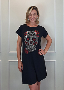 Vestido Em Malha Preto Caveira Mexicana Rosas Pedraria