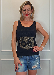 Regata Feminina Preta Route 66 Dourado Pedraria