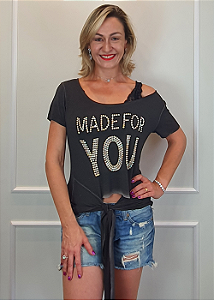 T-shirt Feminina Estonada Made For You Amarração Frontal Pedraria