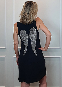 Vestido Regata em Malha Preto Asa de Anjo Prata Pedraria