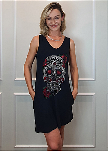 Vestido Regata em Malha Preto Caveira Mexicana Rosas Pedraria