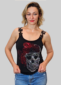 Regata Feminina Preta Alça Flor Paetê Caveira Rosas Pedraria