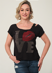 Tshirt Feminina Preta Gola Canoa Love Prata Pedraria