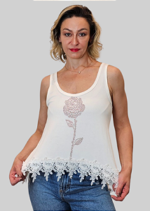 Regata Cropped Feminino Off White Renda Rosa Vermelha Pedraria