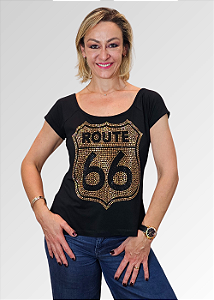 Tshirt Feminina Preta Gola Canoa Route 66 Dourada Pedraria