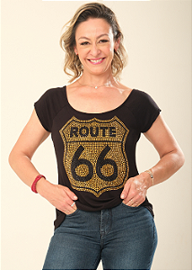 Tshirt Feminina Preta Gola Canoa Route 66 Dourada Pedraria