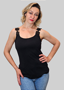 Regata Feminina Preta Basica Alça Flor Paetê