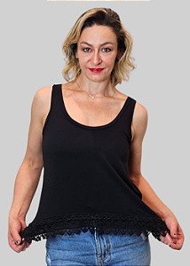 Regata Cropped Feminino Preta Basica Barra Renda