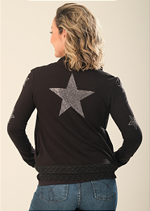 Jaqueta Feminina Preta Moletinho com Renda Estrelas Prata Pedraria