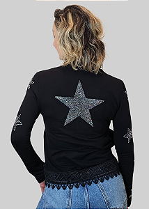 Jaqueta Feminina Preta Moletinho com Renda Estrelas Prata Pedraria