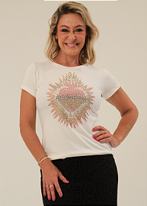 Tshirt Feminina Baby Look Off White Sagrado Coração de Jesus Crystal Pedraria