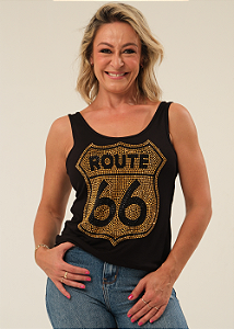 Regata Feminina Preta Route 66 Dourada Pedraria