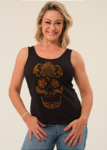 Regata Feminina Preta Caveira Mexicana Crystal Pedraria