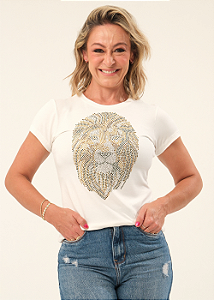Tshirt Feminina Baby Look Off White Leão Colors Crystal Pedraria