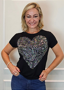 Tshirt Feminina Baby Look Preta Coração Folhagem Crystal Pedraria TRC