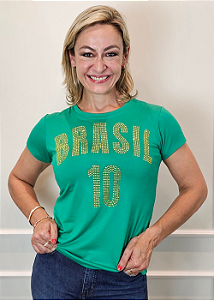 Tshirt Feminina Baby Look Verde Brasil 10 Crystal Pedraria TRC