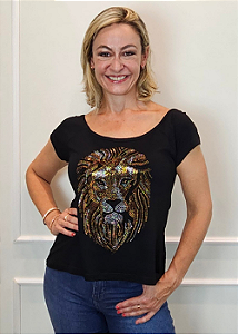 Tshirt Feminina Preta Gola Canoa Leão Colors Crystal Pedraria TRC