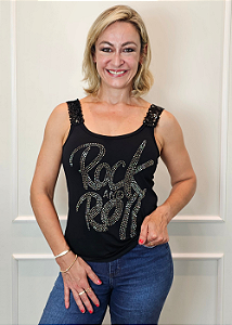 Regata Feminina Preta Alça Paetê Rock And Roll Grey Pedraria TRC